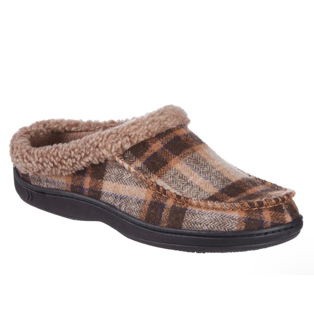 Isotoner Memory Foam Slippers moccasin  Eco Comfort Plaid Dark Chocolate M‎ 8-9